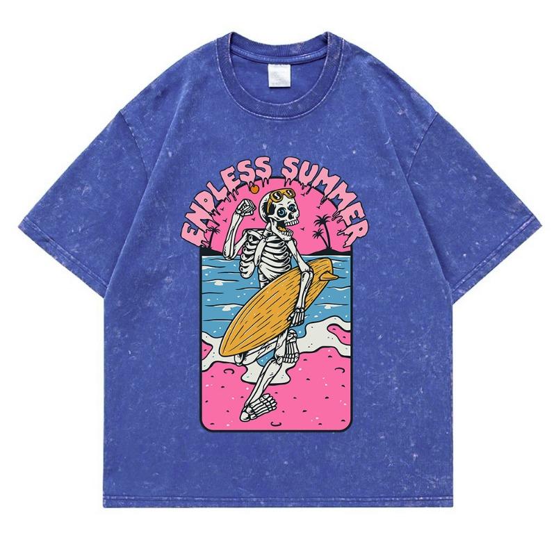 Endless Summer Skeleton Surfing Washed Retro Snow Clothing Quality T-Shirt Summer Cotton T-Shirts Hip Hop Street Loose Tops
