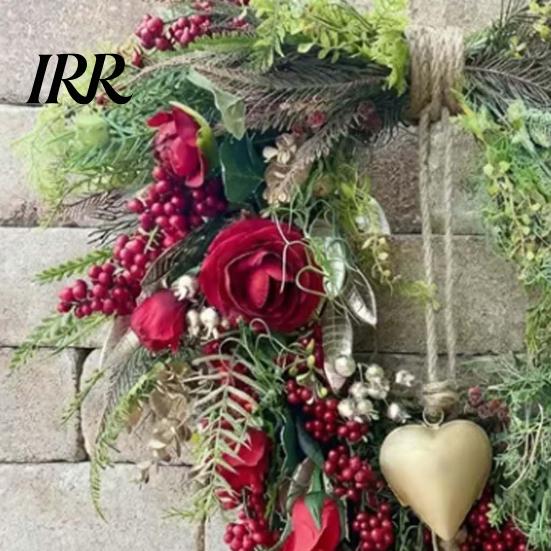 Decorative Heart Wreath Valentine's Day Farmhouse for Front Door Rustic Faux Greenery with Red Roses Berries Vintage Bell Window Porch