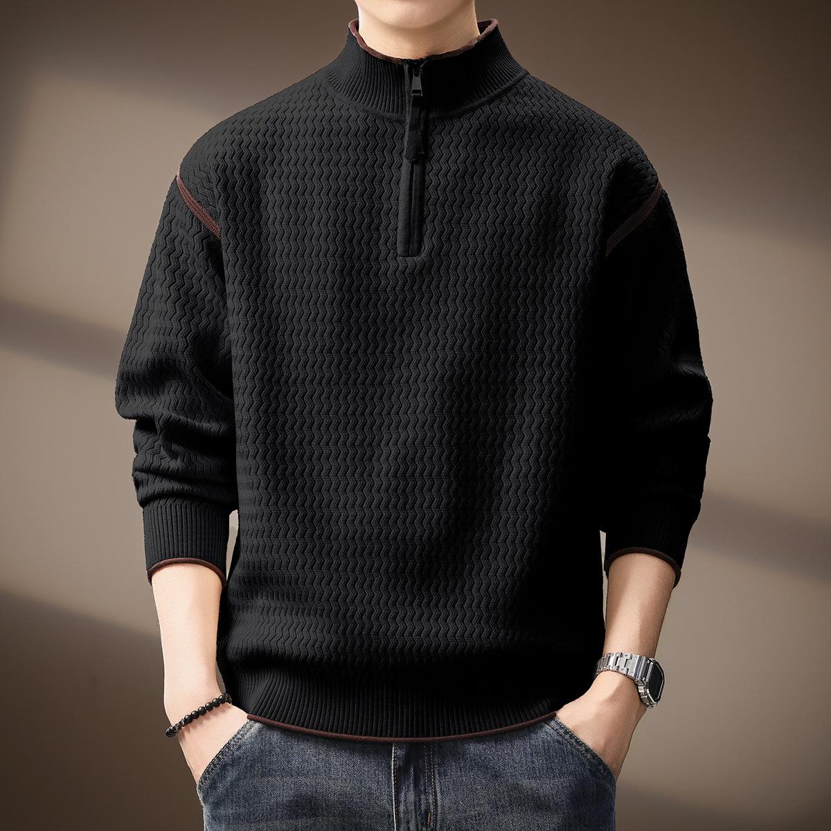 

Men s High-End Black Half-Zip Sweater: Autumn/Winter Thick Knitwear with Trendy Half-High Collar. 2XL for 160-180 jin чорний