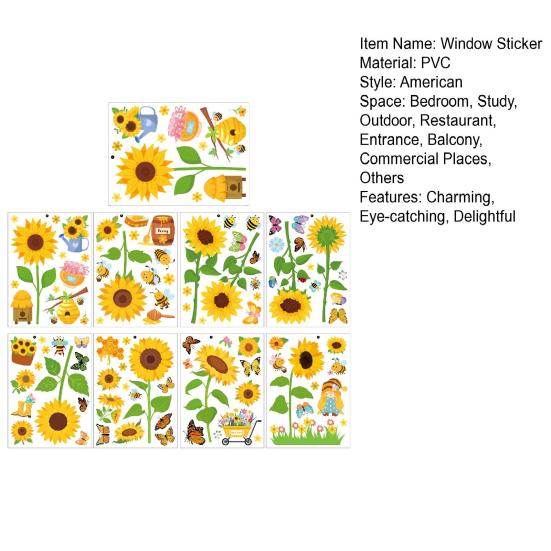 8 Vellen Zonnebloem Bij Vlinder Raamstickers Statisch PVC Raamdecoratie Herbruikbaar Verwijderbaar Lente Bloemen Decals voor Glazen Deur Raam Decor