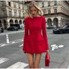 Double Bow Long Sleeve Mini Dress For Women Spring Autumn New Solid Color Red Black High Waist Sexy Club Party Dress
