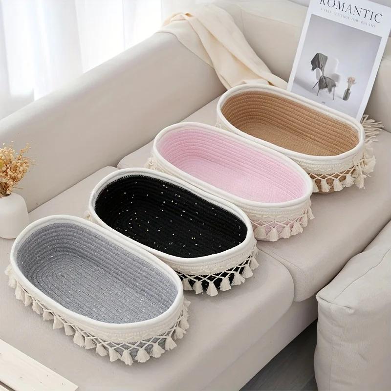 Boho White Khaki Rectangular Tassel Storage Basket Polyester Rope Open Top Organizer For Living Room Bedroom Bathroom Storage