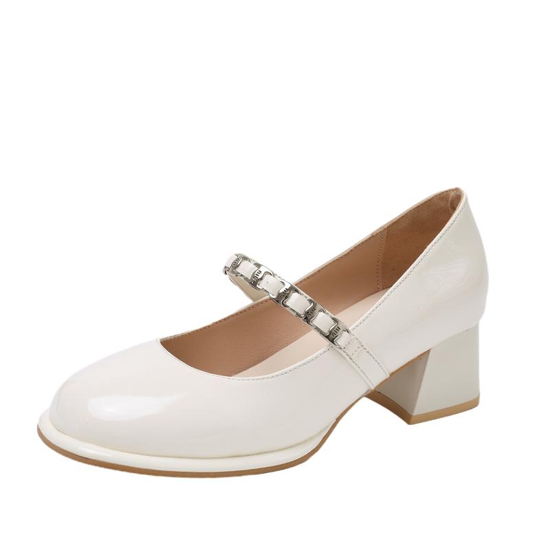 Fashion Metal Buckle One Strap Square Heel Single Shoes New Round Toe Shallow Mouth Mary Jane Shoes for Autumn