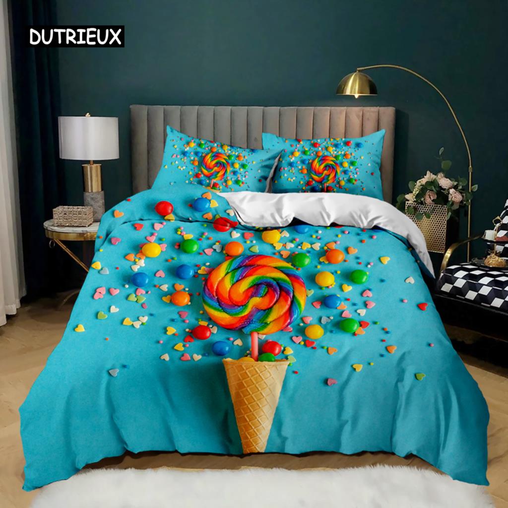 Munk Påslakan Färgglad Tie Dye Quiltöverdrag för Barn Gåva Flickig Söt Sötfärgad Dessertmat Polyester Sängklädesset