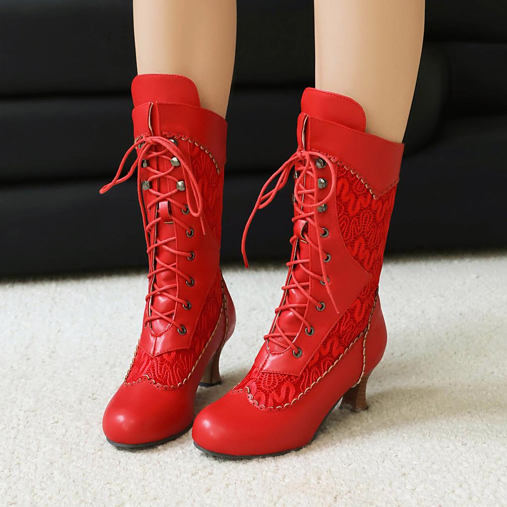 British Style Women'S Medium Boots Women'S Shoes Retro Lace Splicing Thick Heel High Heel Front Lace-Up Versatile Large Size Women'S Shoes