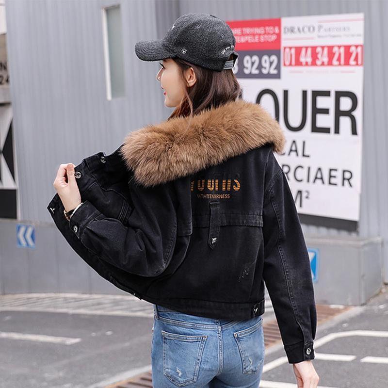 Women's Winter Short Warm Denim Jacket Plus Size Hair Collar Denim Jacket
