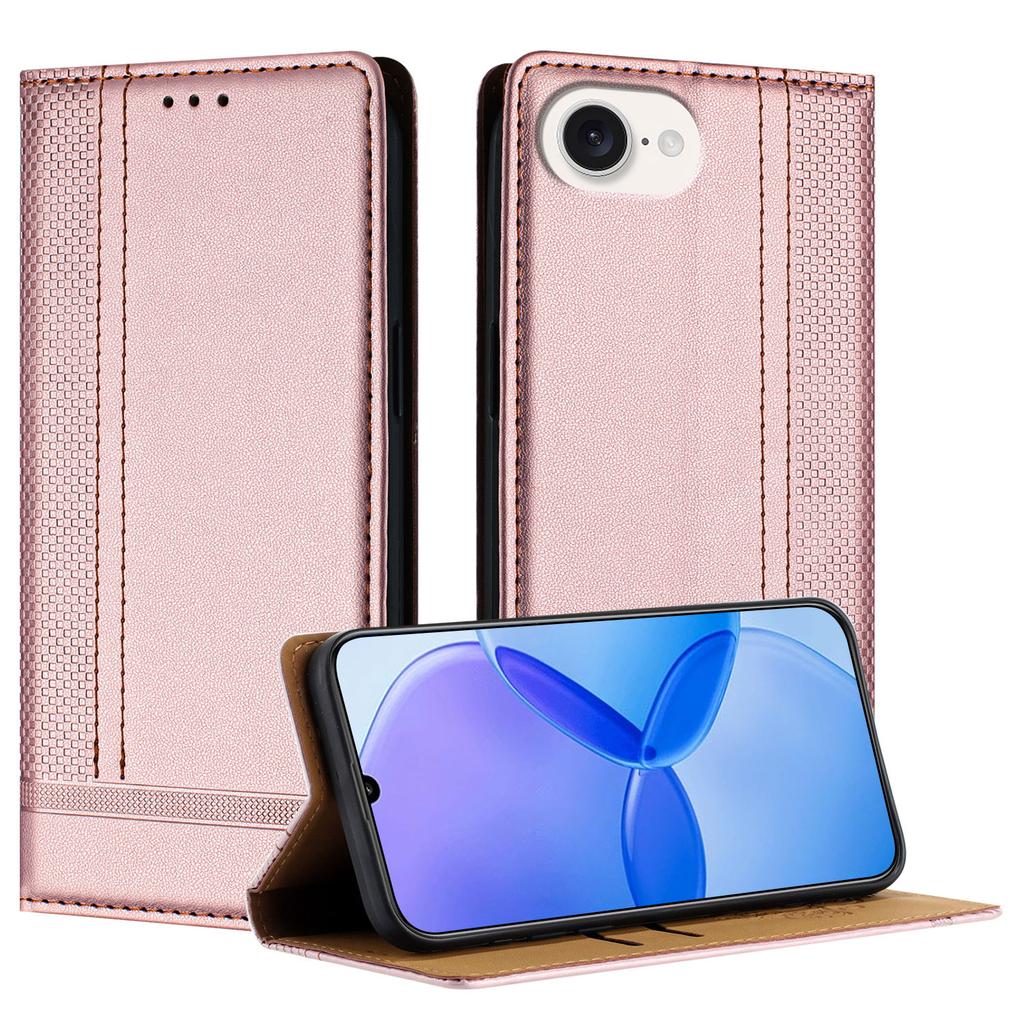 For iPhone 16e Case L-Shaped Grid Pattern Leather Stand Phone Cover with Card Slots