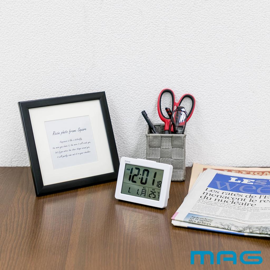 MAG Alarm Clock, Small Digital Desk Clock with Thermometer, Calendar, Electronic Sound, Alarm, Snooze, Light, White Brim T-779A WH-Z (Noah Precision)