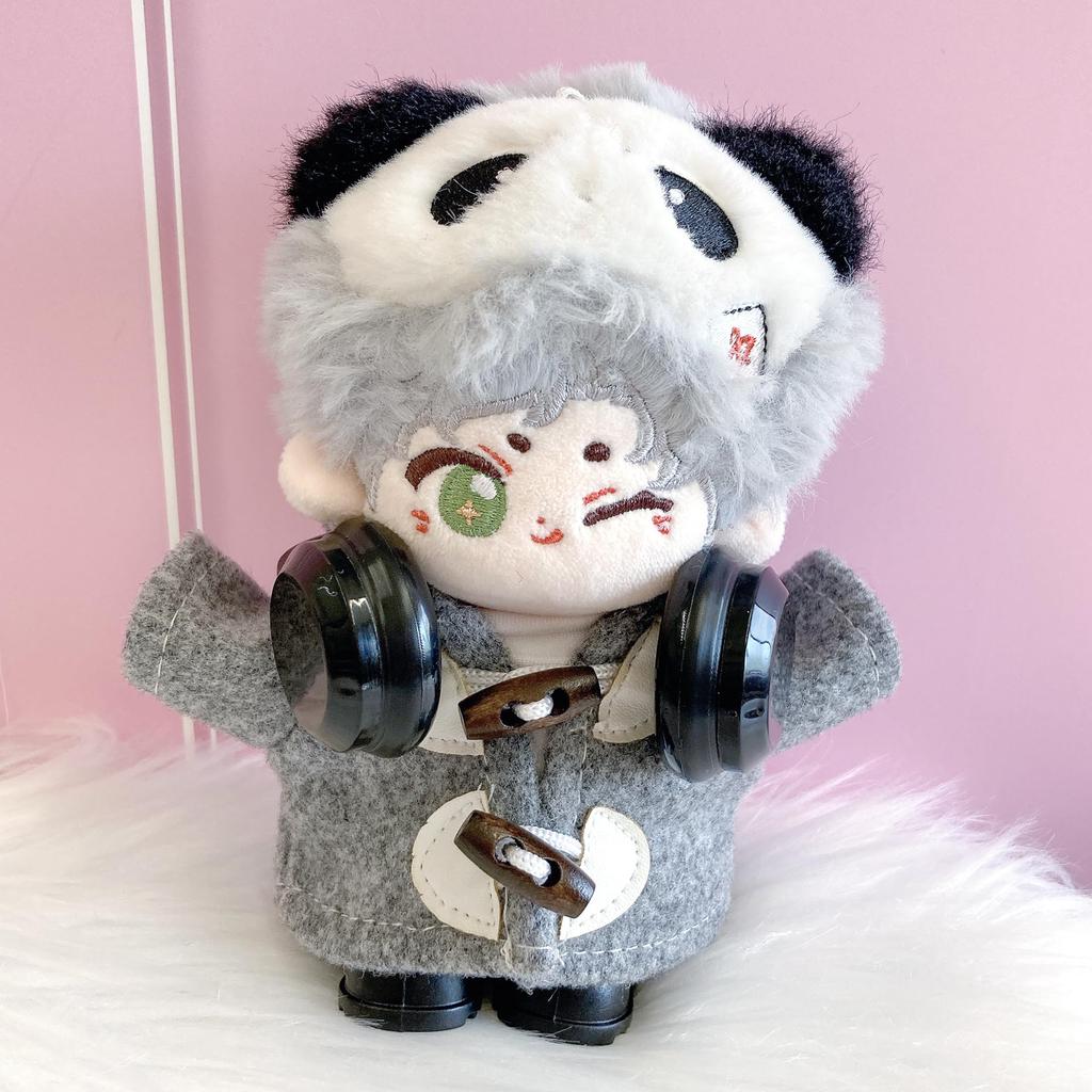 Duffle Coat, Pruhovaná Košile, Kalhoty a Sada Sluchátek pro 10cm Panenku, Šedá, Plyšová Hračka, Kigurumi, Doplňky, Otaku, Panenka, Maskot, Kostým pro Kpop Panenku