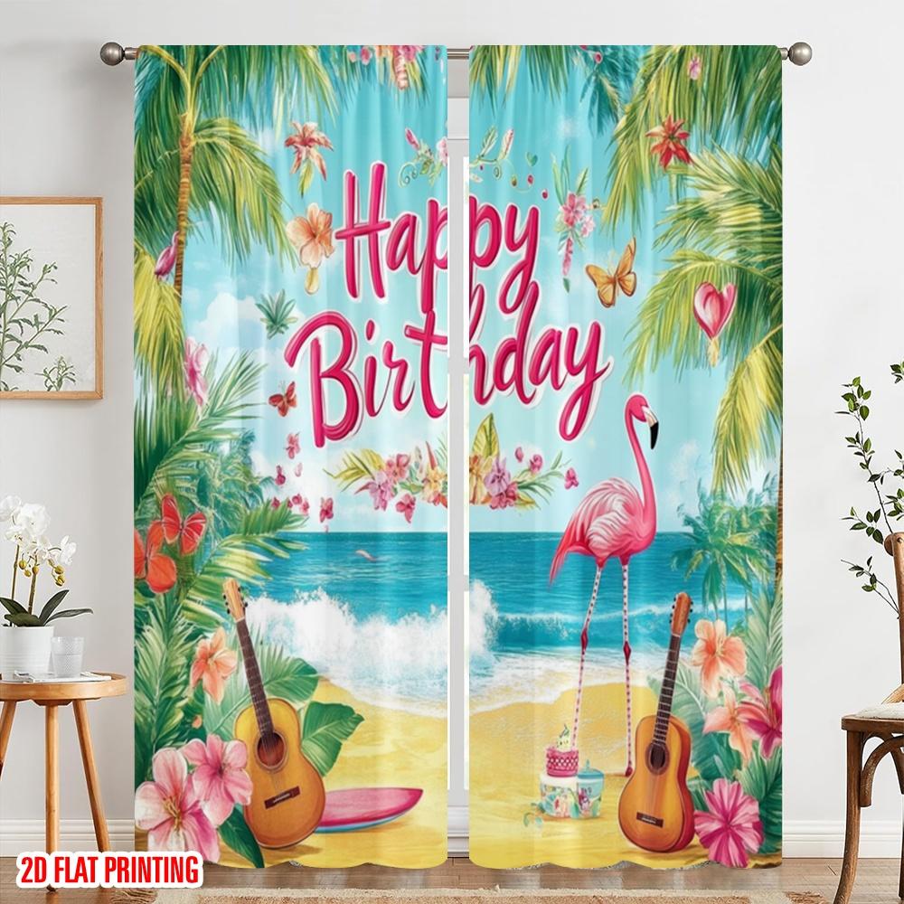 2pcs,2D plane printing Curtains Digital Printed Tropical Birthday Bash Versatile 100% Polyester (without rod) Decorations For