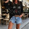 Boho Styl Háčkované Topy s V-výstřihem a Krátkým Rukávem Pletené Cover-upy Jednobarevné Volný Střih s Dírkovaným Designem Letní Topy