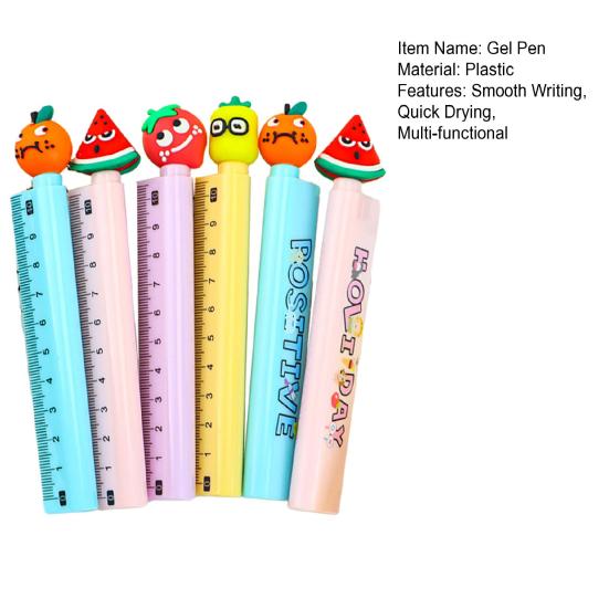 6/12Pcs Cartoon Fruit Gel Ruler 0.5MM Quick Drying Assorted Smooth Writing Pen with Multi-functional Writing Pen