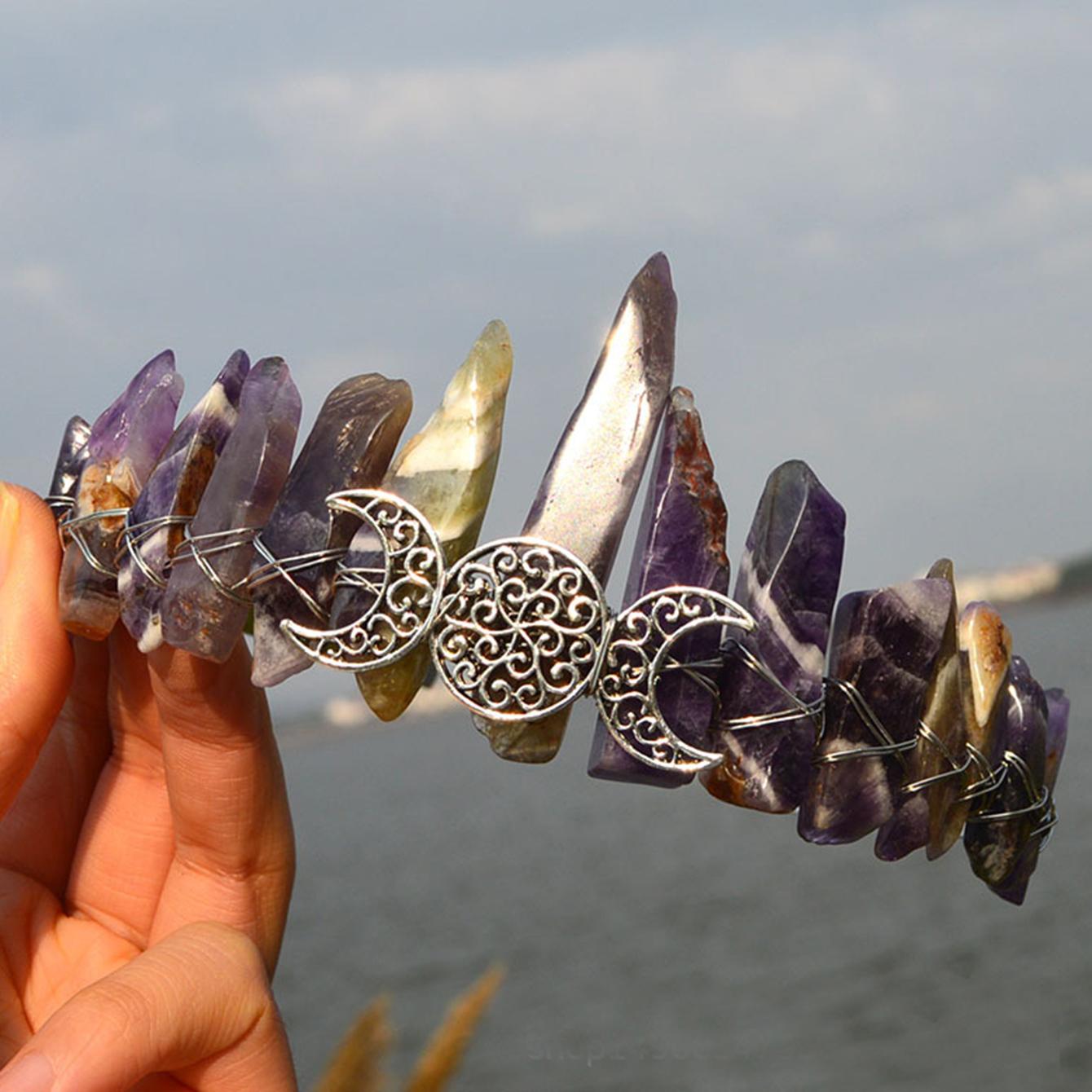 

Пов язка на голову з тіарою з необробленої кришталевої корони, головний убір відьми богині місяця з натурального кварцу для головних уборів для косплею Wiccan