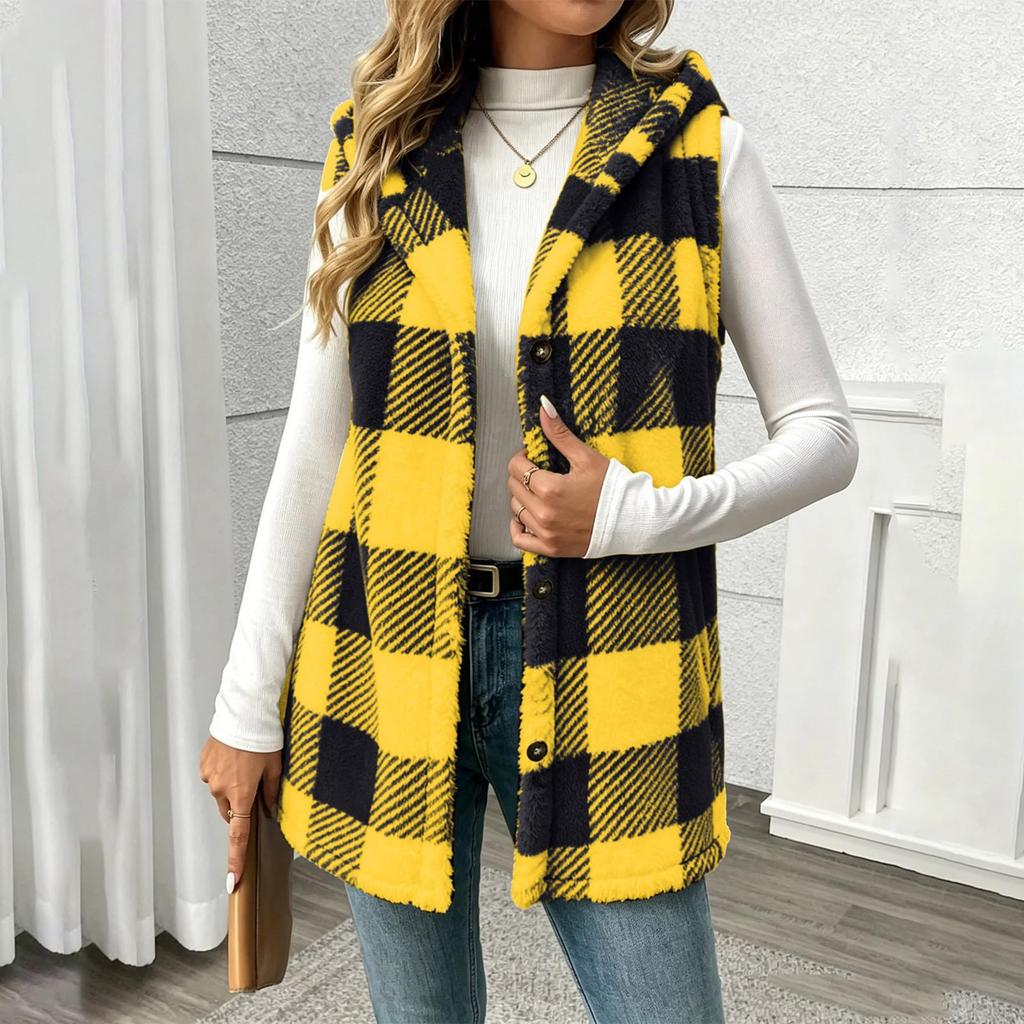 Women's Fashion Plaid Hooded Button-Front Vest Jacket
