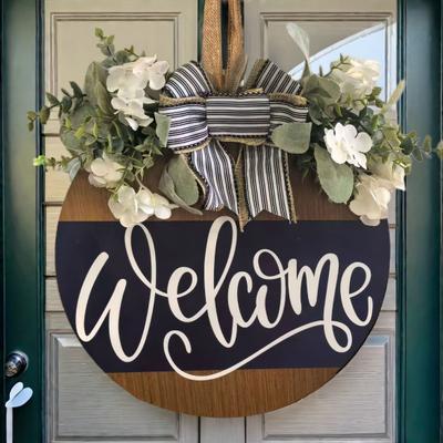 Cartello di Benvenuto per Porta d'Ingresso Stile Rustico di Fattoria Rotondo in Legno Fiocco Lettere Ghirlanda di Benvenuto Tutte le Stagioni Appendi Porta Veranda Decorazione da Parete