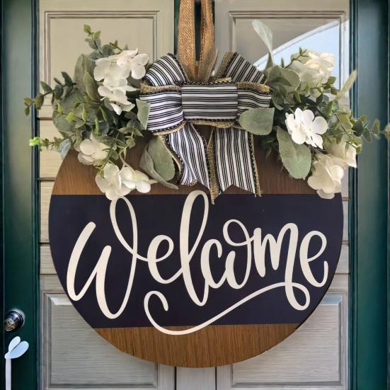 Znak powitalny na drzwi wejściowe, rustykalny, okrągły, drewniany, z kokardą, litera Welcome, wieniec, na wszystkie pory roku, wieszak na drzwi na werandę, dekoracja ścienna