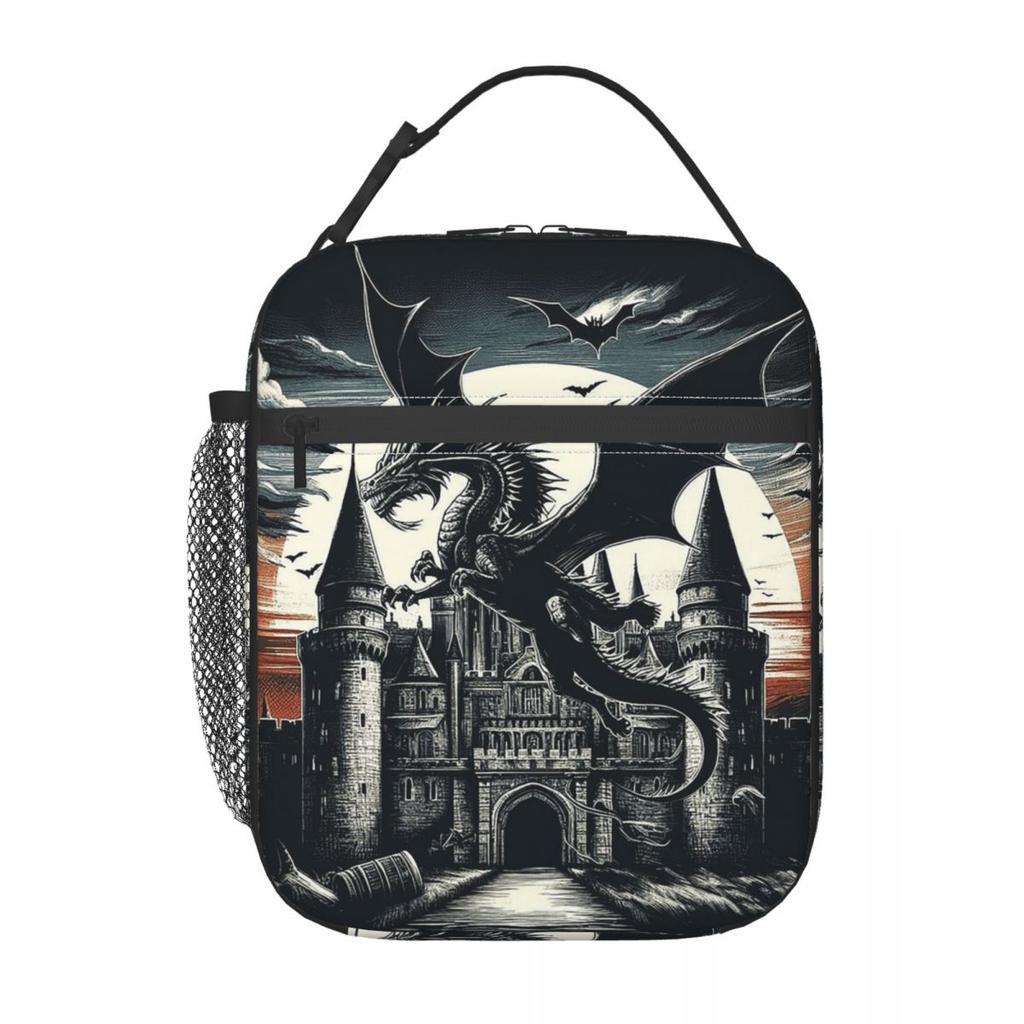 Fantasy Mythischer Drache und Schloss Isolierte Lunchtasche für Damen Kinder Auslaufsichere Lebensmittelboxen Thermische Lunchbox Tragetasche