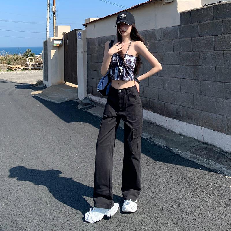 Women's Fleece-Lined High-Waisted Retro Straight-Leg Jeans with Multi-Pockets