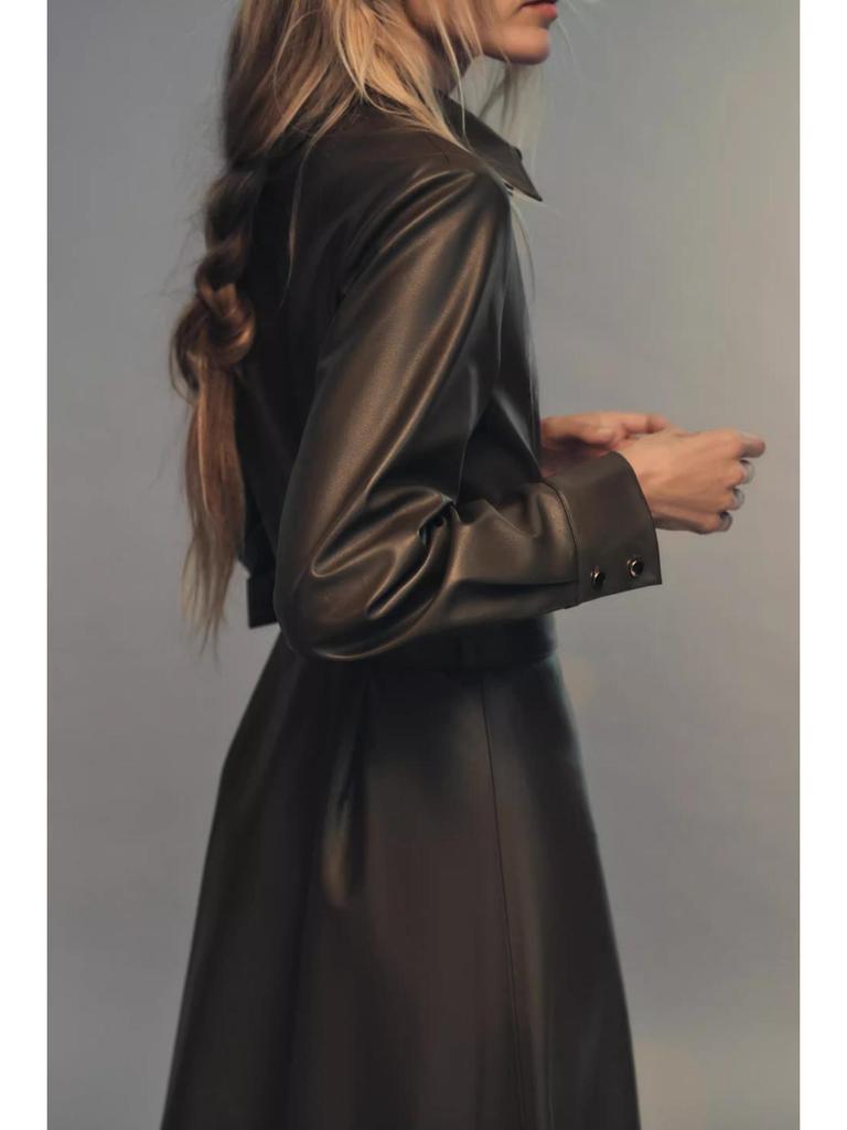 Women's 2025 Faux Leather Long-Sleeve Belted Shirt Dress – Winter Collection