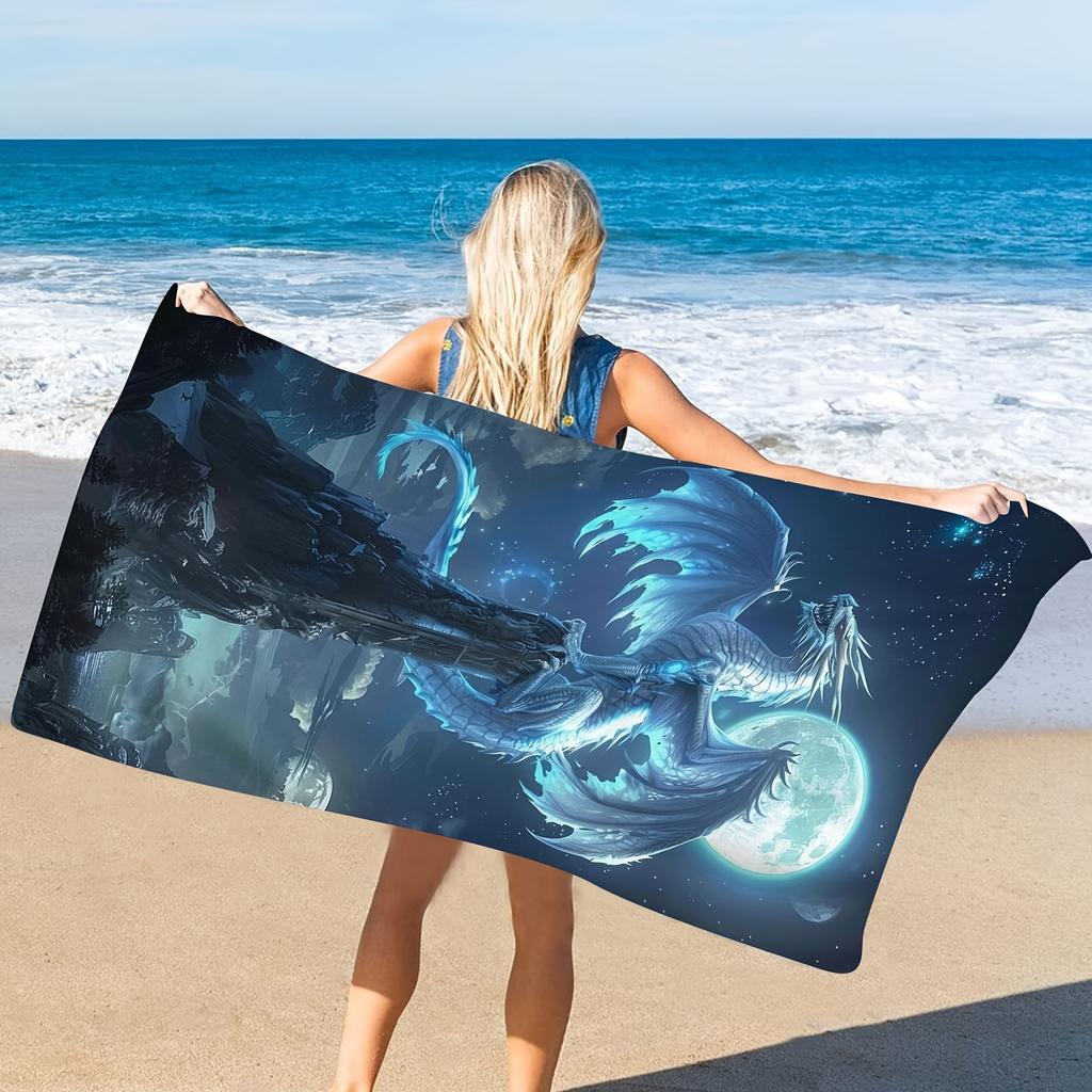 Moonlight Dragon Wings Beach Towel, Mythical Creature Art Quick-Dry Sand-Free Microfiber Bath Towel for Summer Pool and Trave