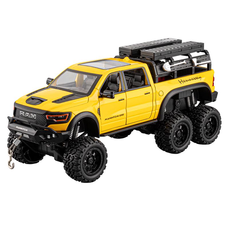 

1/24 Dodge Mammoth RAM 1000 TRX 6x6 Pickup Metal Alloy Diecast Model Car Sound Light Pull Back High Simulation Collection Hobby жёлтый