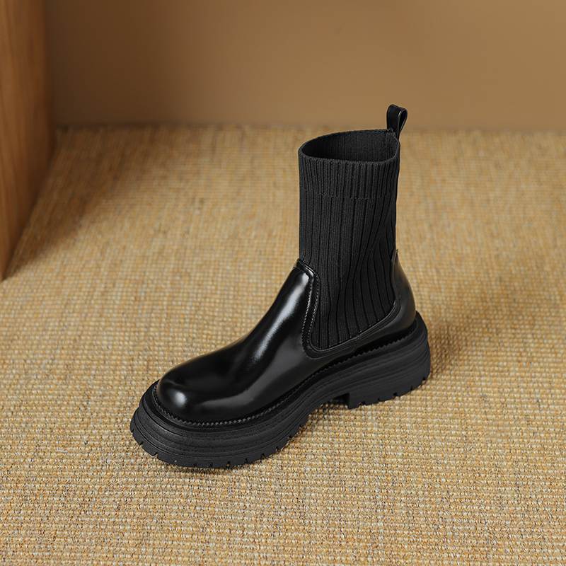 Krazing Pot Microfiber Autumn Winter Shoes Thick High Heels Flat Platform Size 43 Motorcycle Boots Knitwear Non-slip Ankle Boots