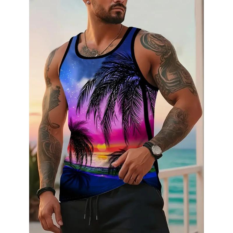 Men's Summer Tropical Sunset Print Tank Top Casual Sleeveless Hawaii Beach Tshirt For Men New In Full Print T Shirts Streetwear