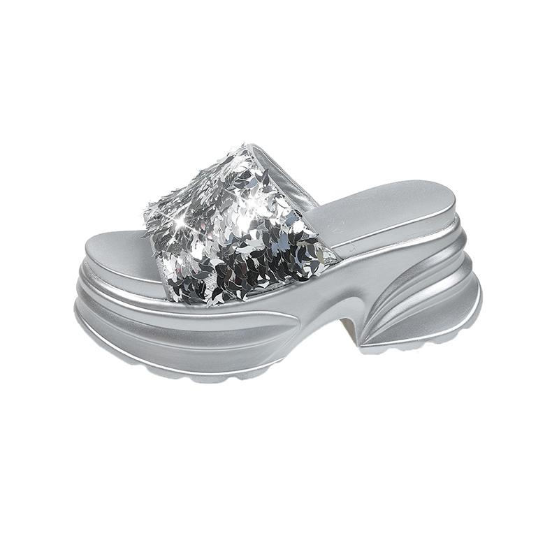 Fashion High Platform Slippers Women Summer Fashion 2025 New Increase Blingbling Leather Sandals Flip-flops 8CM Heels Beach Shoes