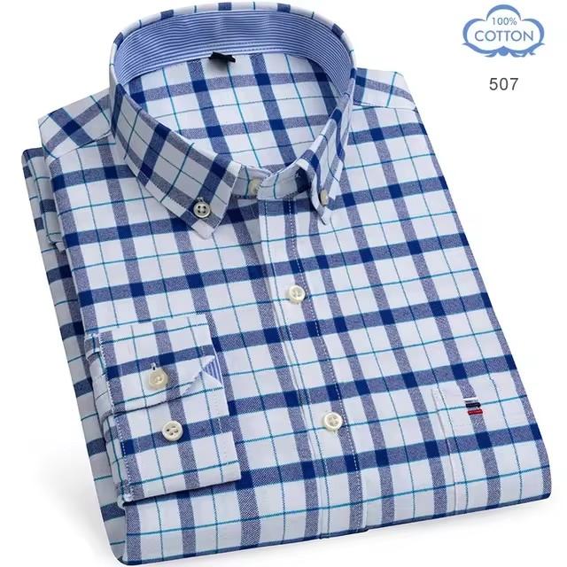 100% Pure Cotton Oxford Shirts for Men Long Sleeve Plaid Shirt Striped Male Business Checked Red Shirt Mans Designer Clothes 7XL