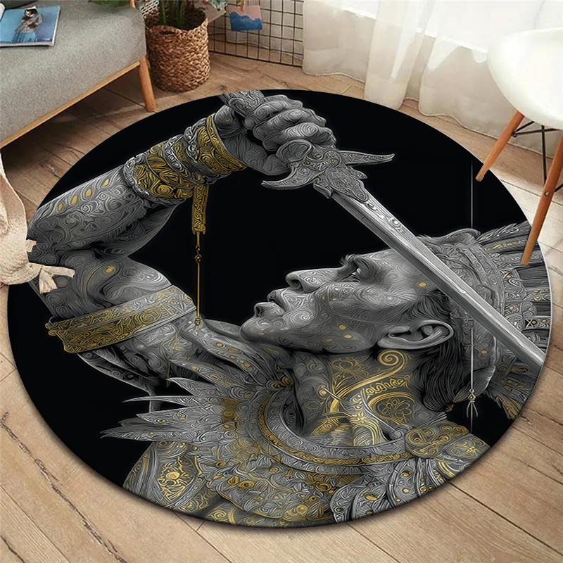 Retro Line Roman Warrior Round Area Rug,Carpet Rug for Living Room Bedroom Sofa Playroom Decor,Non-slip Floor Mat