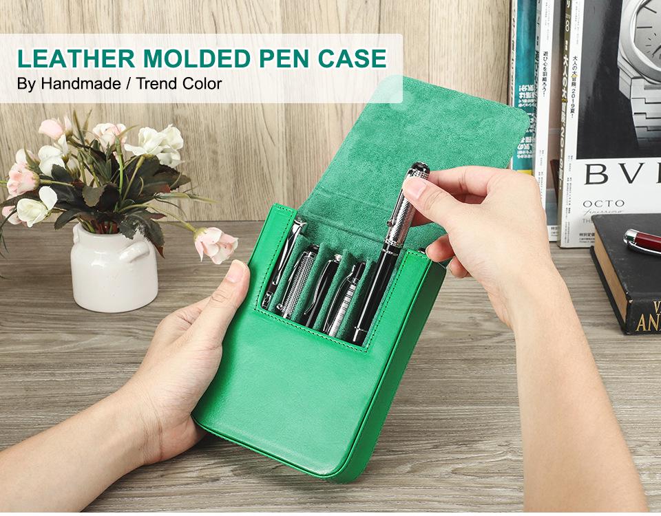 Handmade Genuine Leather 6-Piece Fountain Pen Case with Creative Drawer-Style Design