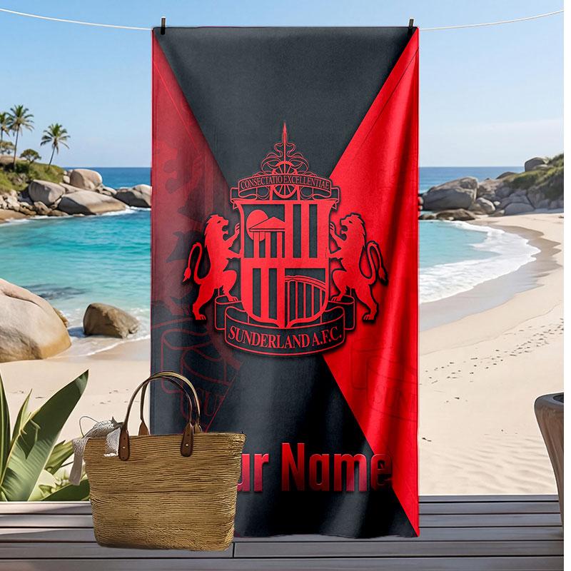 Asciugamano da Spiaggia Personalizzato Stampato Sunderland FC Logo Calcio Supporto Nome Personalizzato Testo Asciugamano Assorbente Per Sport Viaggio Regalo Speciale
