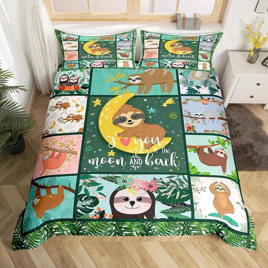 Carton Sloth Soft Duvet Cover Set Lovely Animals Beding Sets for Young Boys Young Girls Funy Sloth Tropical Leaves Floral Nature Comfortable Quilt