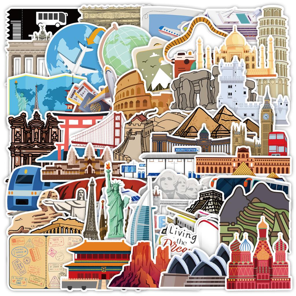 50 Famous Landmarks Travel Series Graffiti Stickers Water Cup Suitcase Waterproof Decorative Stickers Creative Stickers