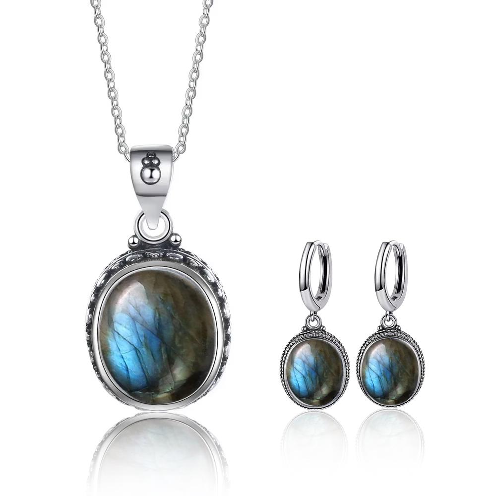 Vintage 925 Silver Natural Labradorite Earrings with Blue Light 10*12mm Big Stone Hoop Earrings Fine Jewelry for Women