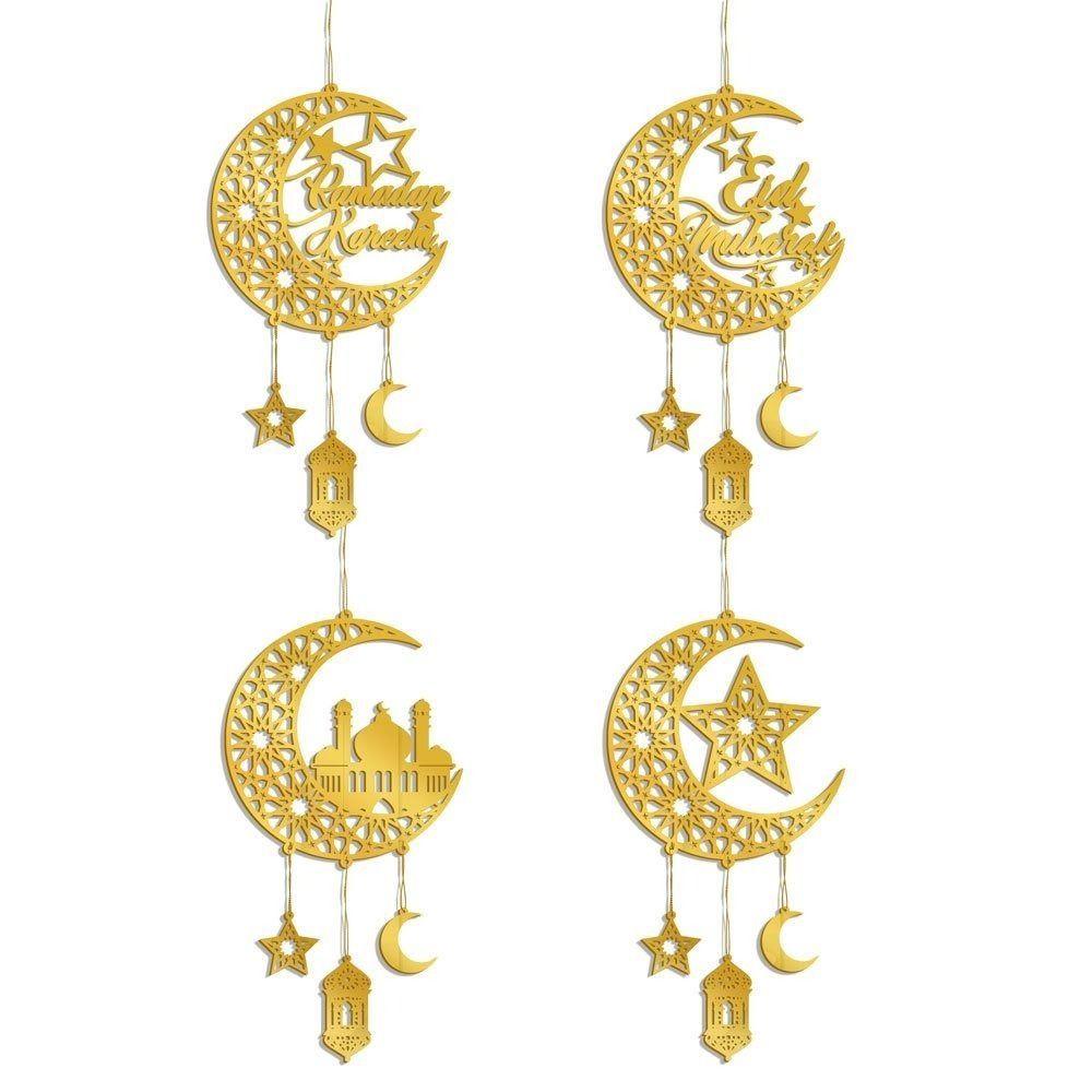 Acrylic Eid Mubarak Wall Pendant Mirror Hanging Decoration Ramadan Kareem Door Sign Golden Moon Star Drop Ornaments