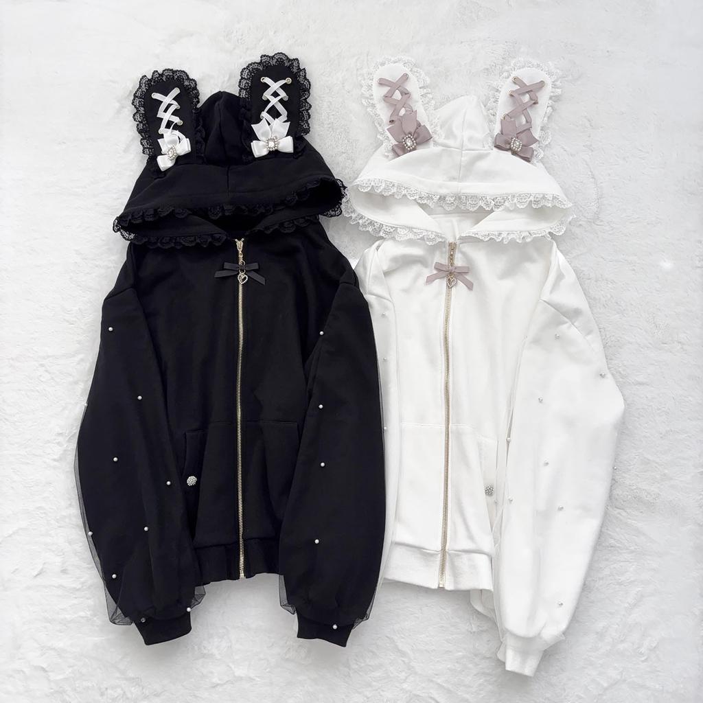 ZYOOFOV Long Sleeve Hoodie with Open Rabbit and Cute Plus Princess Gothic Harajuku Women's Front, Ears, Lace, Ruffles, Ribbon, Bow, Zip-Up Top, Sizes,