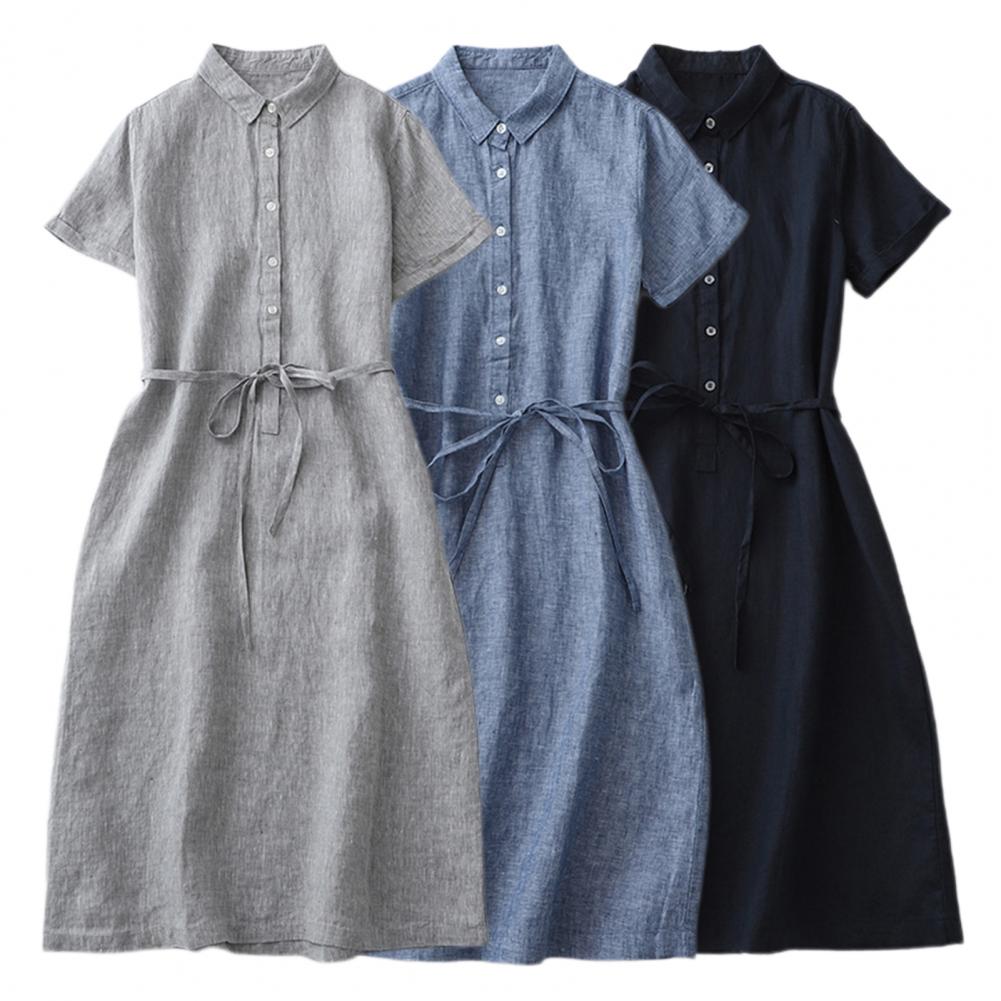 Summer Lady Dress Turn-down Collar Short Sleeves A-line Big Hem Pure Color Lace-up Strap Half Single-breasted Midi Dress Dating