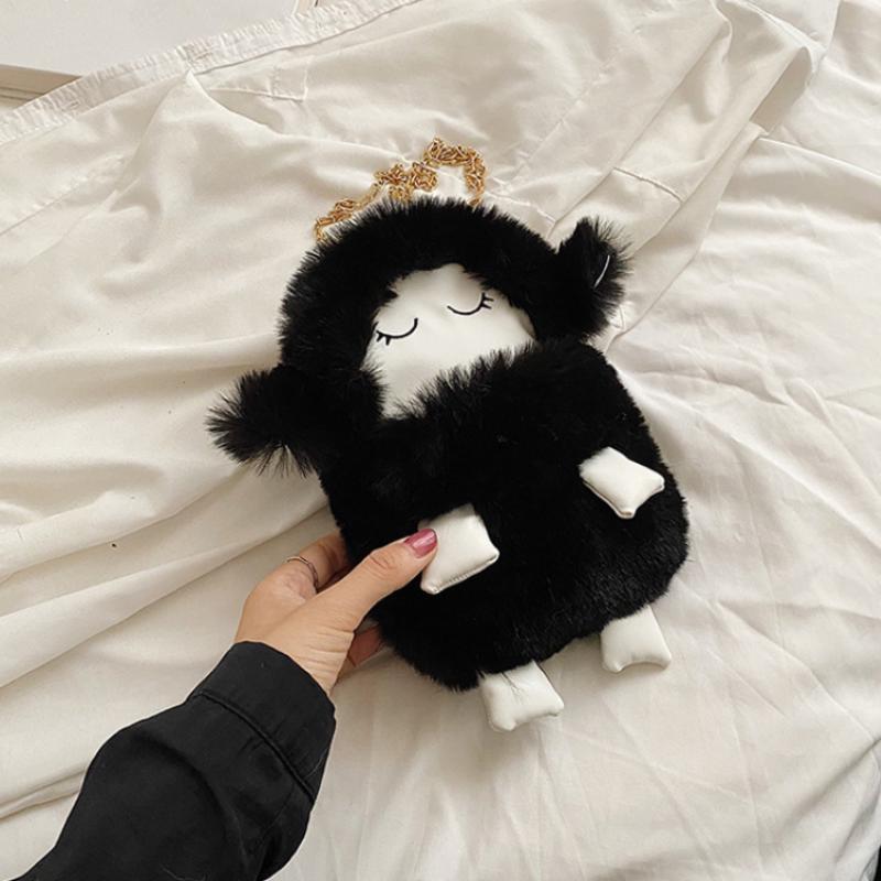 

1 шт. Милая сумка-овечка, пушистая сумка, нулевой кошелек 2024 года, новинка осени и зимы, милый плюшевый игрушечный рюкзак с цепочкой, сумка через плечо чёрный