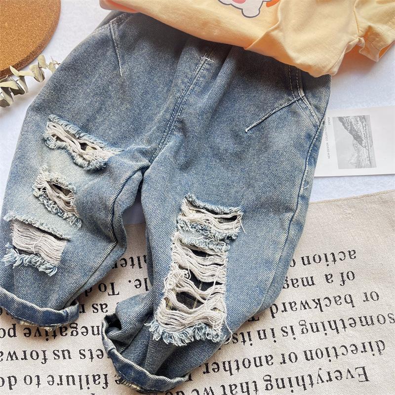 Boys' American High Street Ripped Jeans Children's Trendy Casual Straight Leg Pants Loose Pants