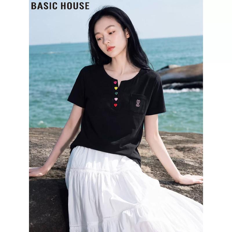 Basic House Women s Embroidered Ice Silk Short Sleeve T-Shirt L