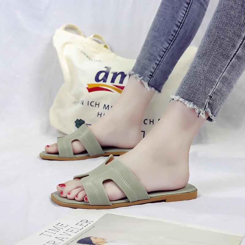 Solid Color One-word Slippers Spring and Summer Outer Wear Ins Beach Non-slip Cool Slippers Large Size