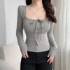 Thin Sweet Slim Tops Square Neck Lace Up T-shirt All-Match Long Sleeve T-shirt  Girls
