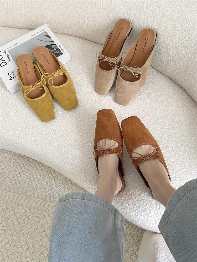 Flat Bow Mary Jane Sandals 2025 Spring/summer New Korean Version Soft Sole Velvet Toe Half Slippers for Women To Wear