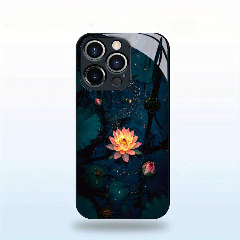 Lotus Black Tempered Glass Case For iPhone 17 16 15 14 13 12 Pro Max Shockproof Anti Fingerprint Phone Back Cover Hard Shell