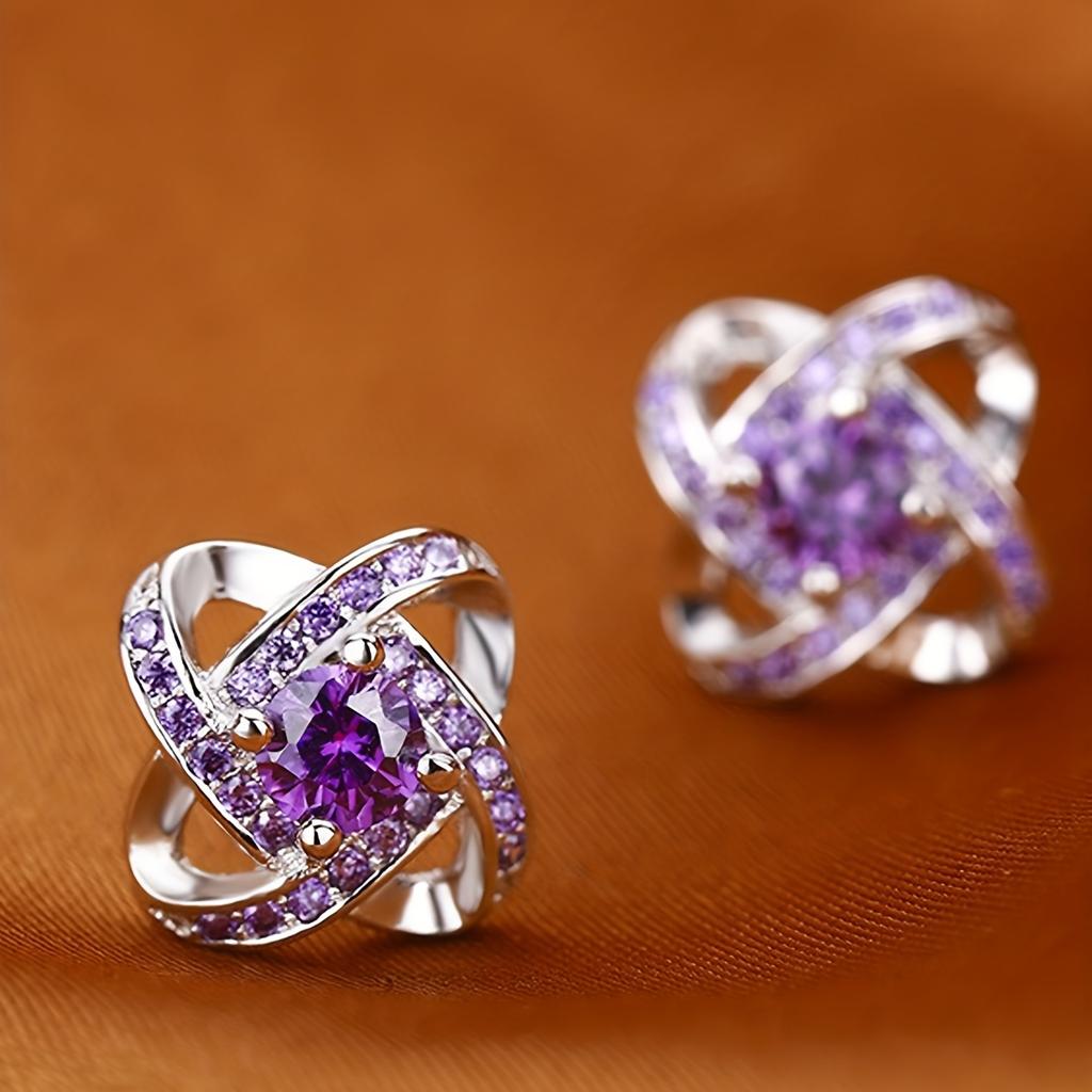 Purple Rhinestone Four Leaf Clover Stud Earrings, Vintage Zinc Alloy Earrings for Women, Elegant Casual Daily Wear Jewelry