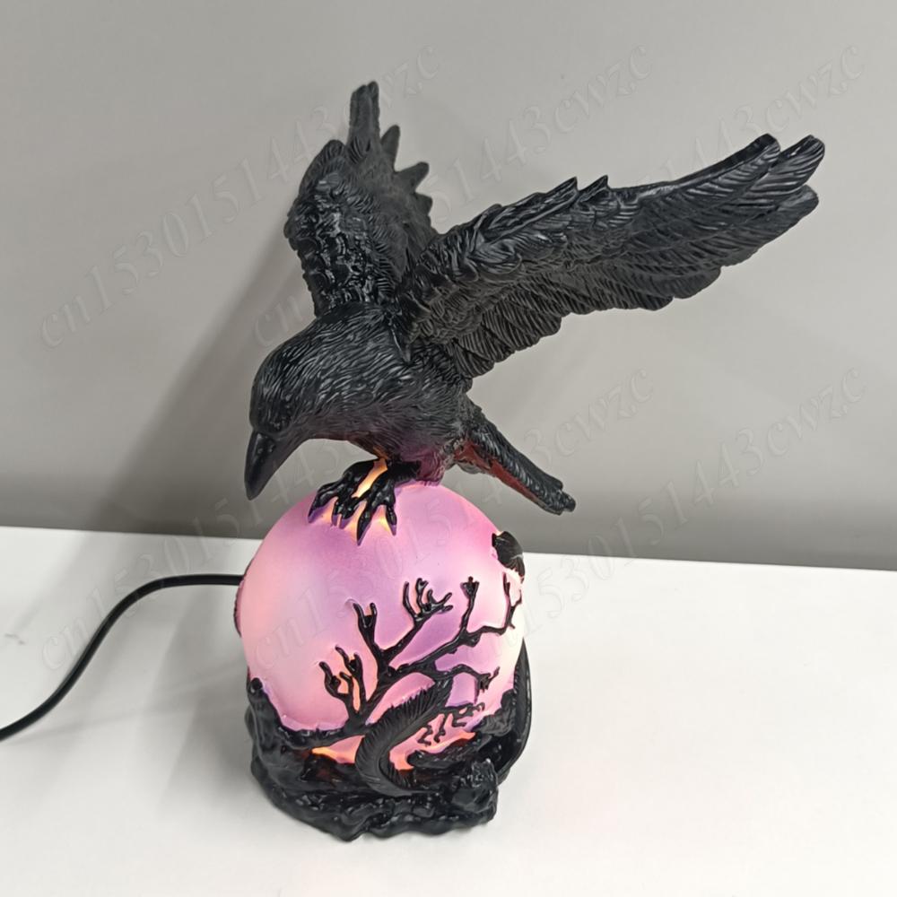 Gothic Raven Table Lamps USB Power Black Crow Moonlight Night Lights with Glowing Crystal Ball Ornaments for Home Festival Decor