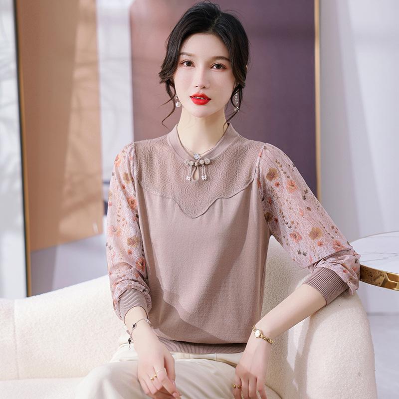 

Stylish Gauze Sleeve Spring/Autumn Base Shirt for Women M (recommended 95-105 jin) серый/коричневый