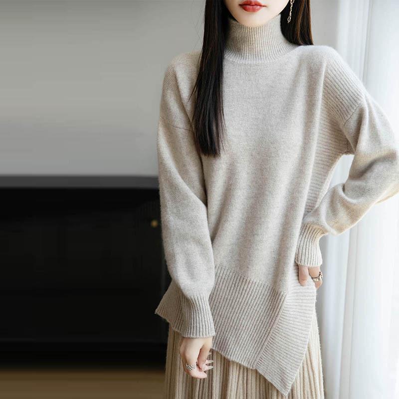 2025 A/W Women's Cashmere Wool Sweater: High Neck, Slit, Loose, Thick, Mid-Length