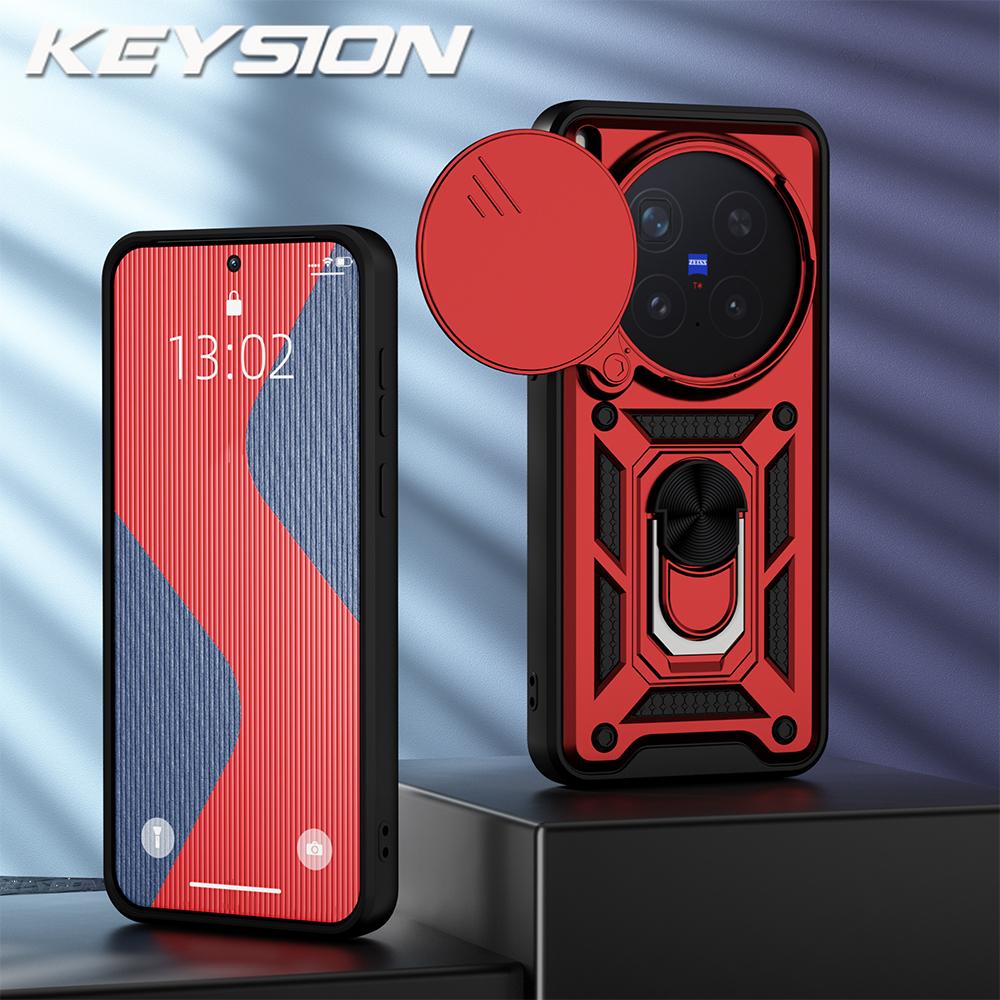 KEYSION Shockproof Armor Case for VIVO X300 Pro 5G Silicone+PC Slide Camera Lens Protection Ring Stand Phone Cover for VIVO X300